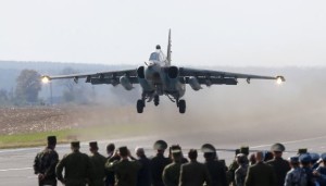 Belarussian military jet Sukhoi Su-25 takes off from the road M1/E30 during exercises near the village of Krysovo, southwest of Minsk, September 23, 2015.  REUTERS/Vasily Fedosenko